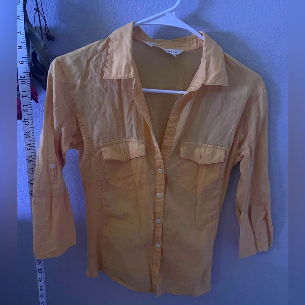 Max Studio Women's | tangerine jersey & cotton button-up, 3/4 sleeve low-cut, md